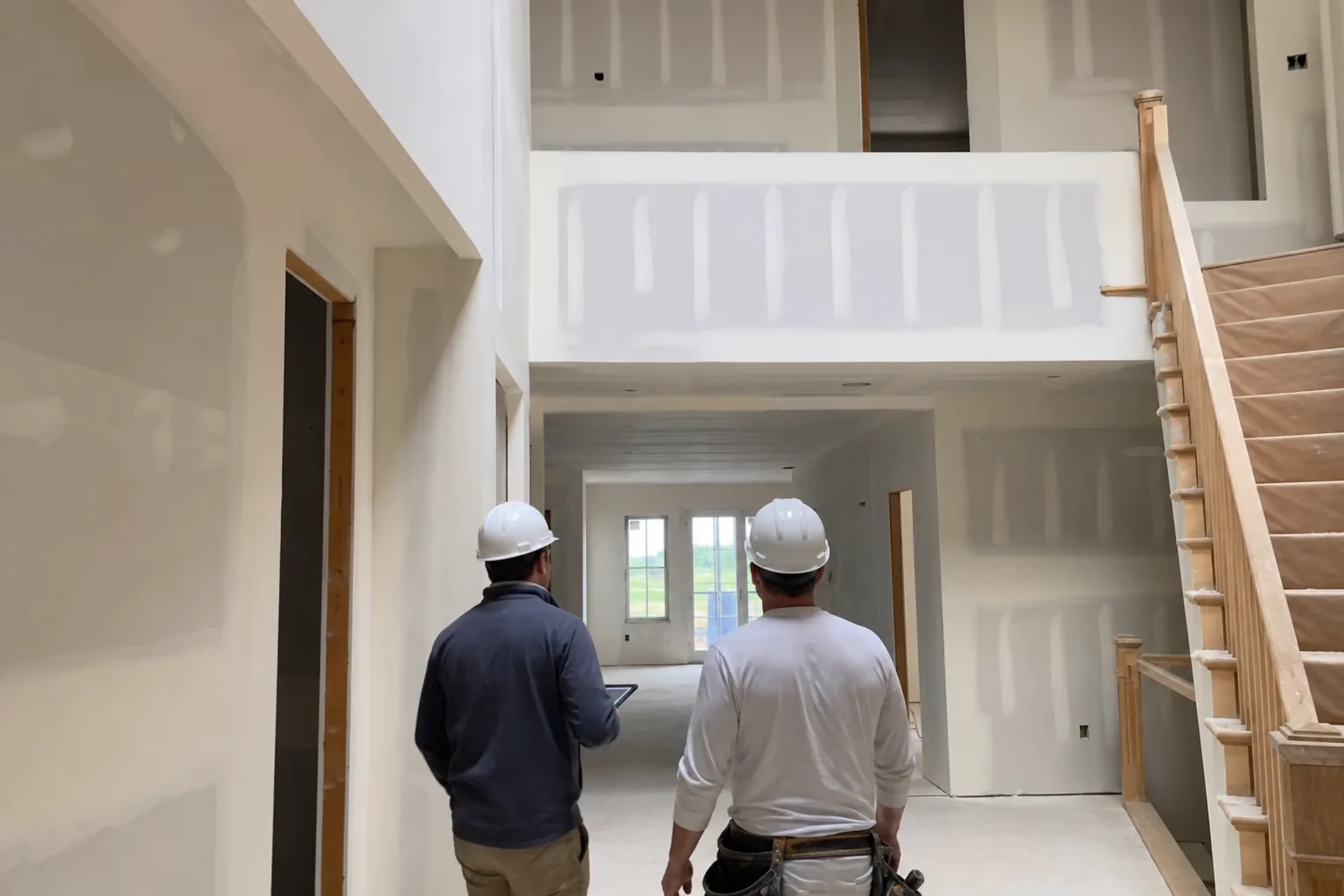 Builder and drywall contractor walking a new Noblesville, IN custom home after board is hung