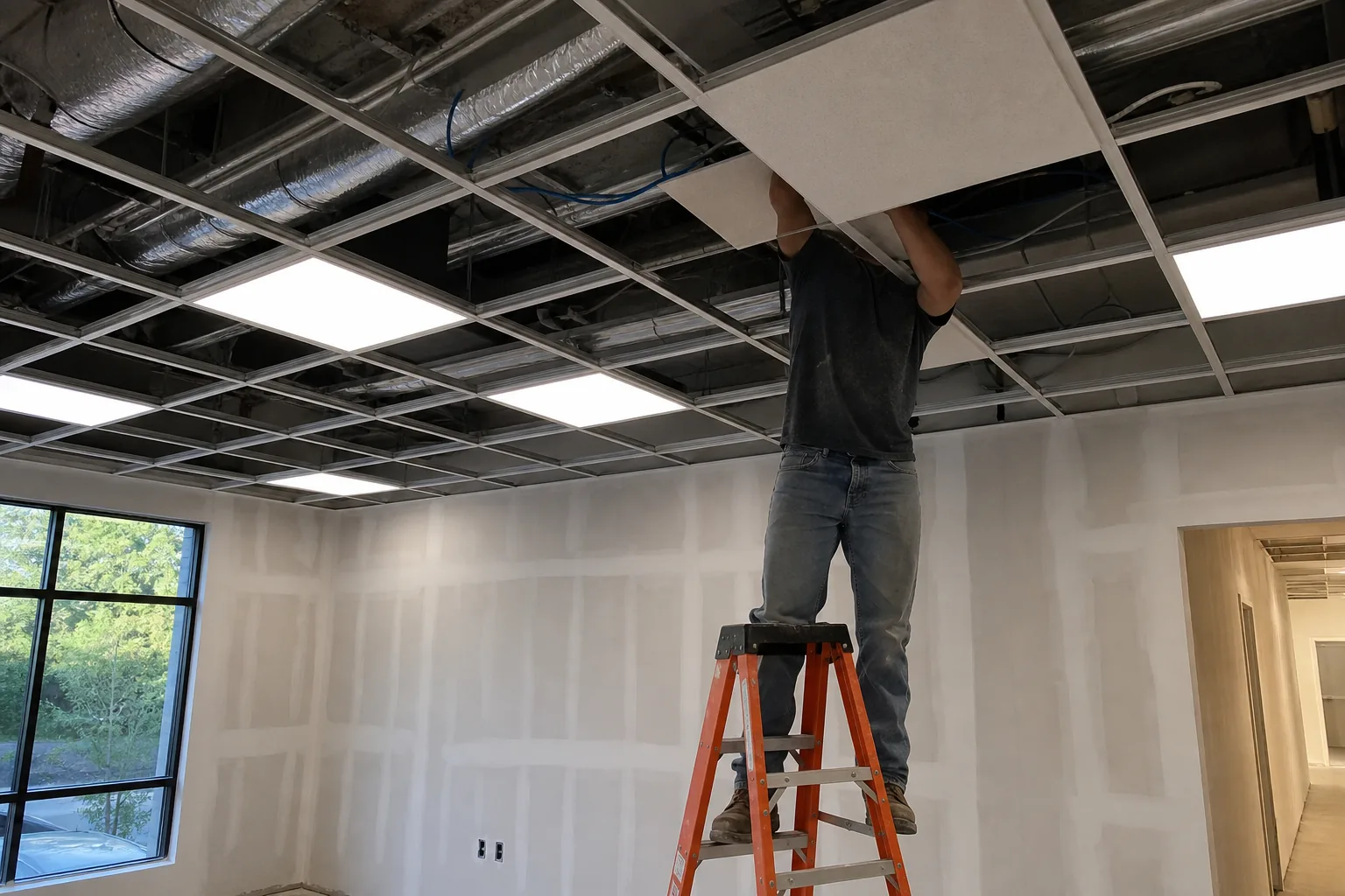 Installer setting acoustic ceiling tiles into a suspended grid in a Noblesville, IN commercial suite