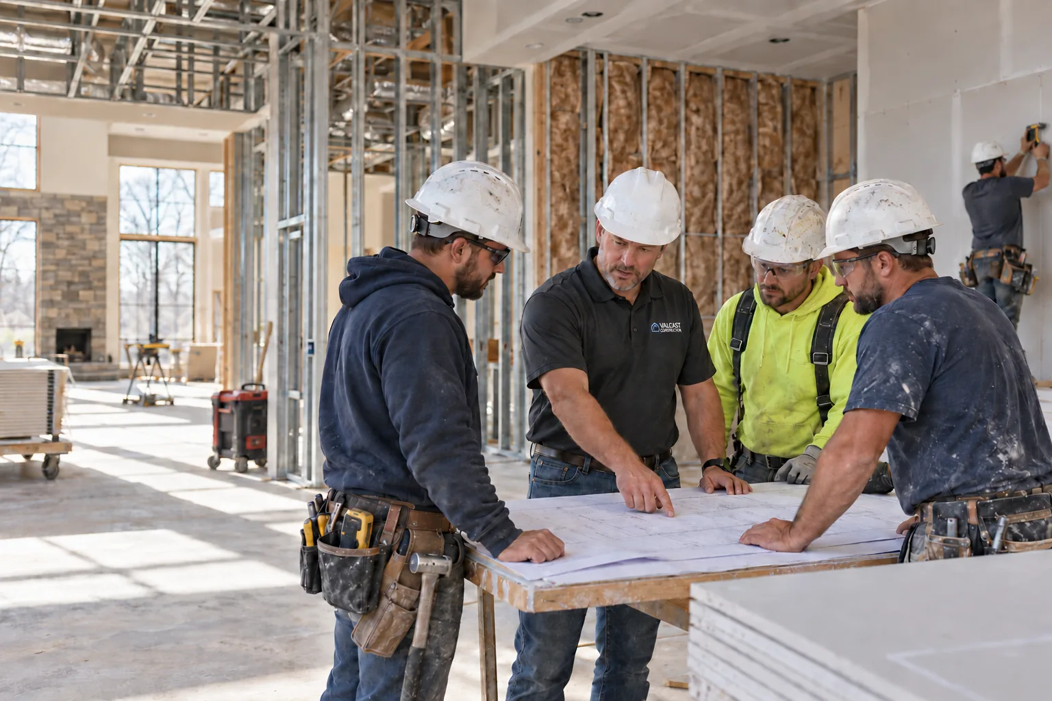 Valcast crew reviewing plans inside a framed custom home in Noblesville, IN