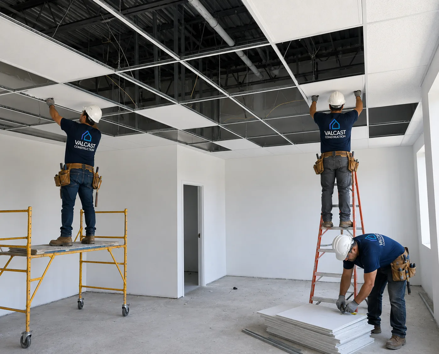 Valcast crew installing a suspended grid ceiling in a commercial space