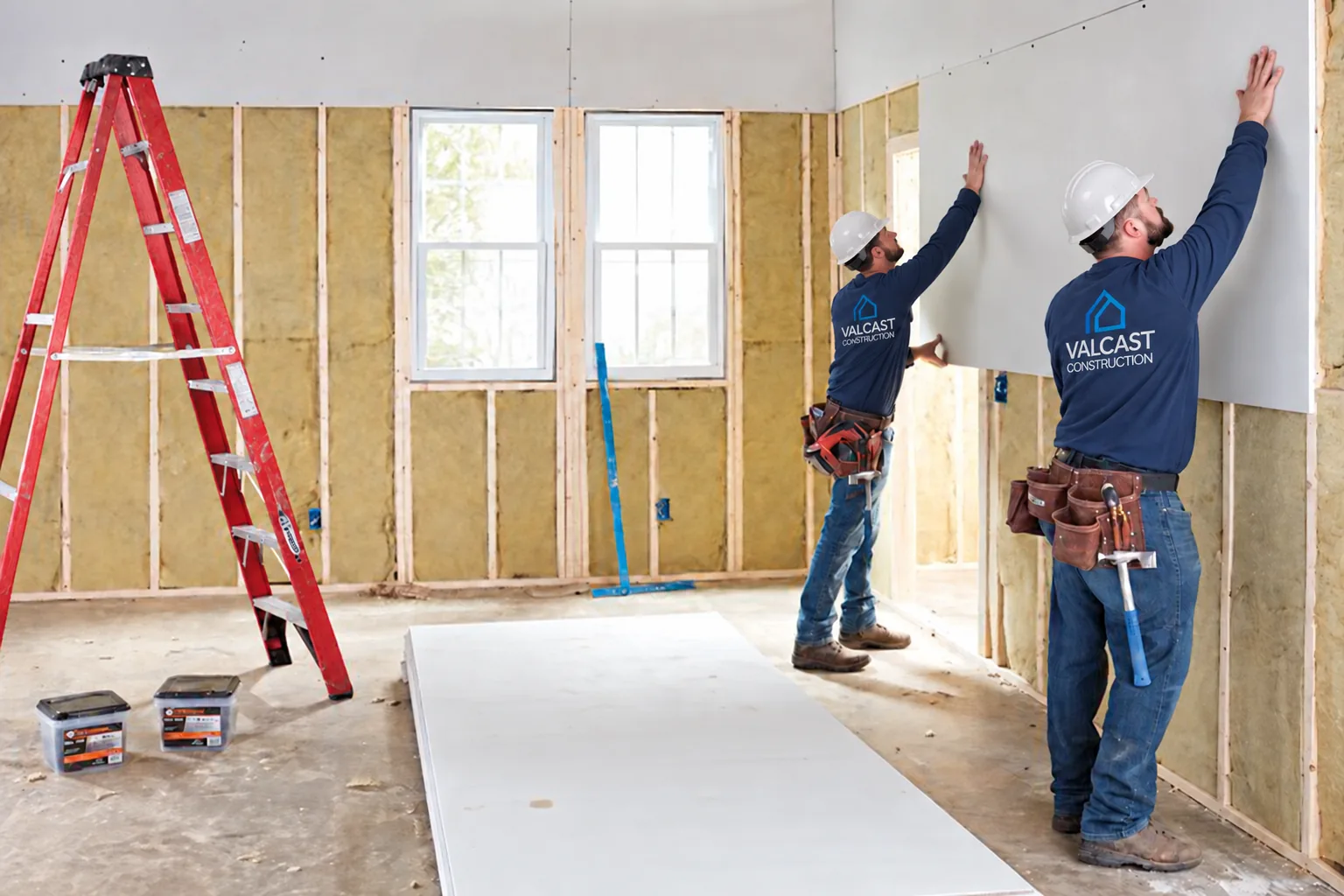 Two Valcast installers hanging a sheet of drywall over insulated wall studs in Noblesville, IN