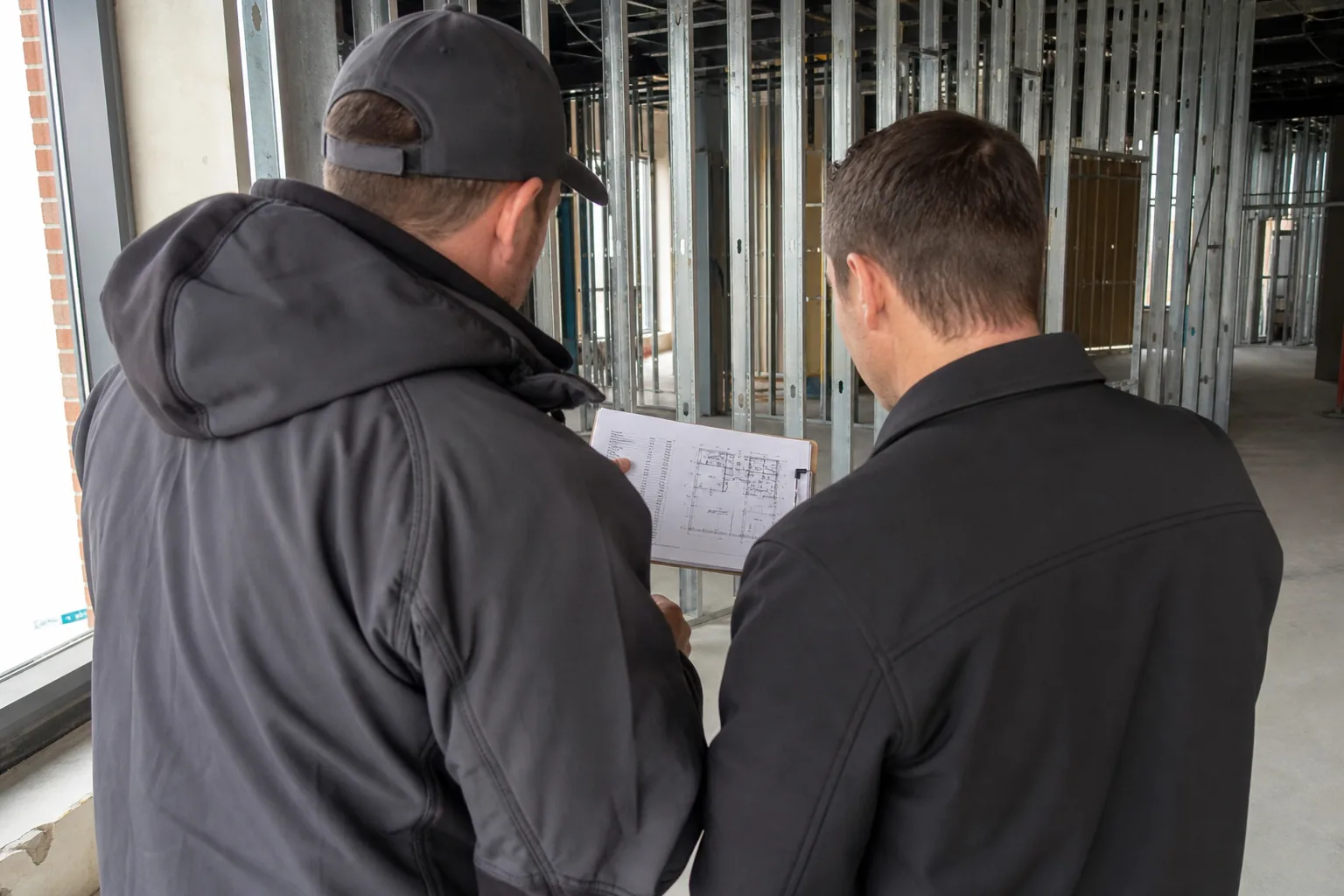Contractor and client reviewing a floor plan inside a framed commercial suite in Noblesville, IN