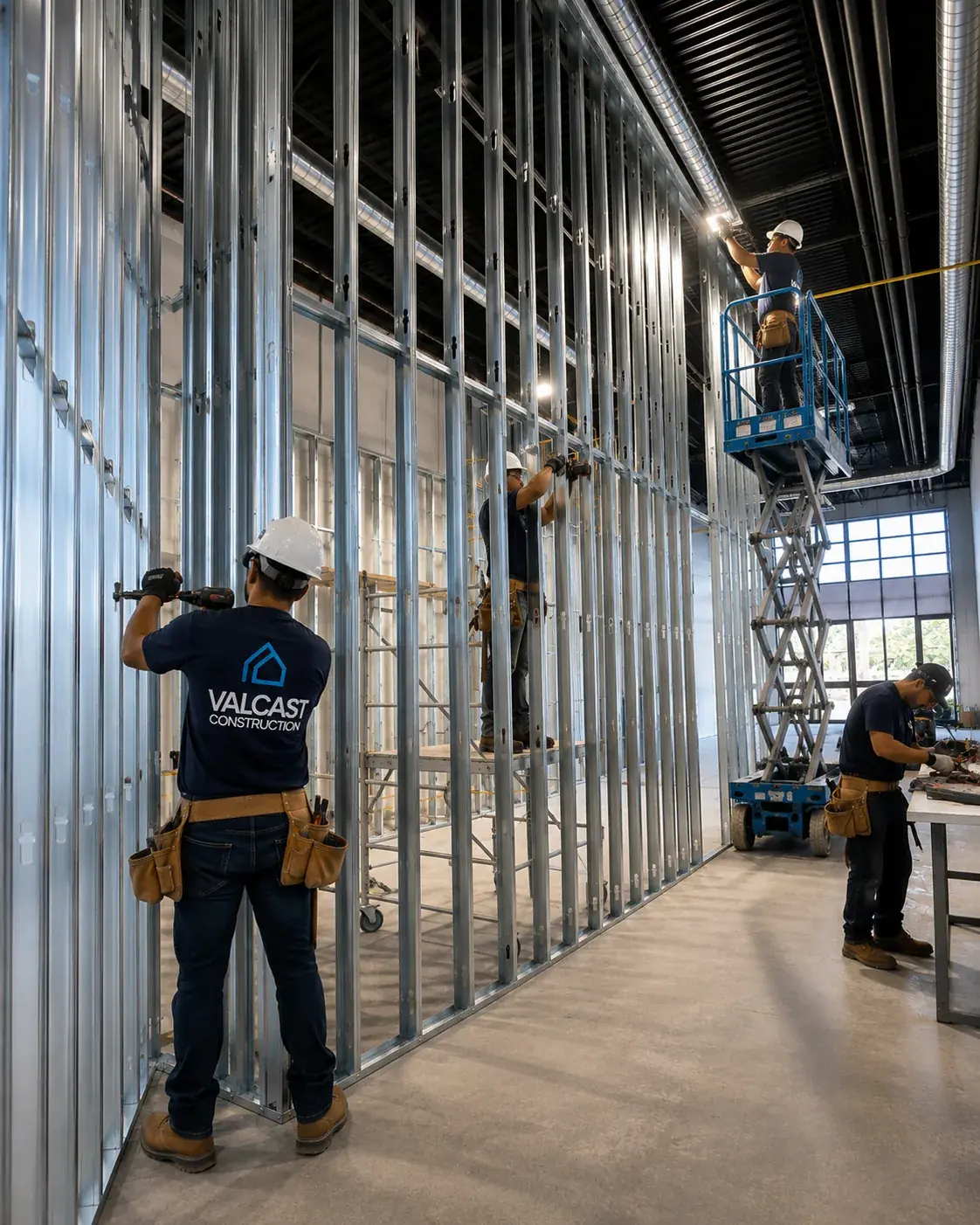 Valcast crew framing tall metal stud walls from scaffolding and a scissor lift in a commercial build-out