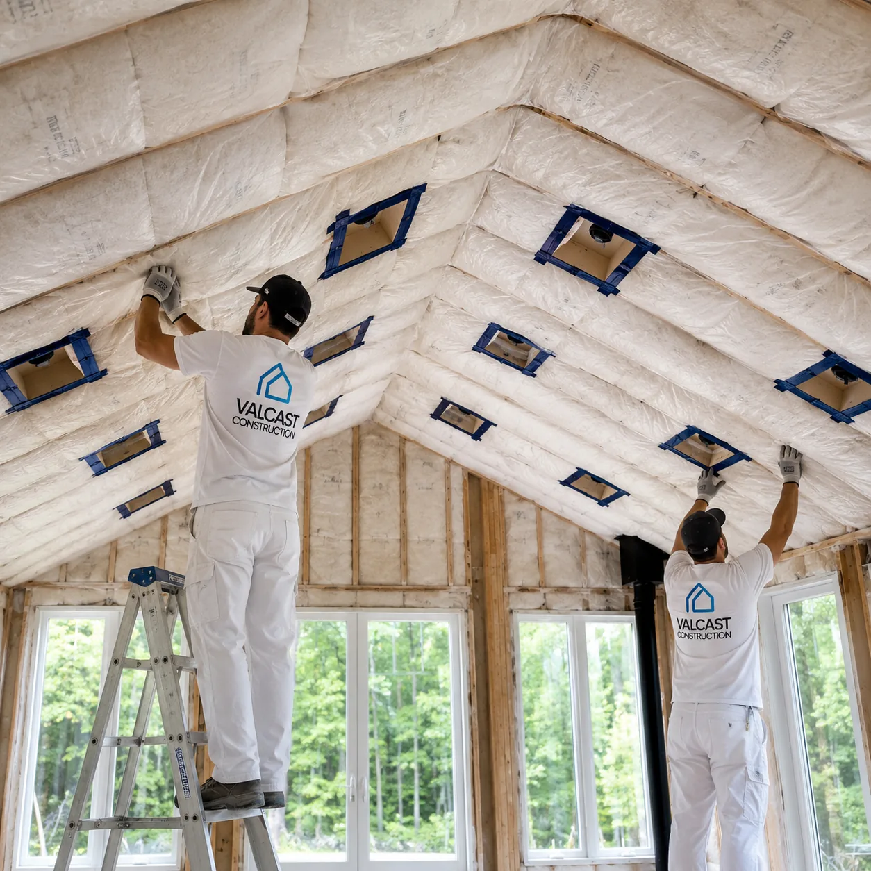 Valcast installers fitting batt insulation into a vaulted ceiling with recessed light boxes in Noblesville, IN