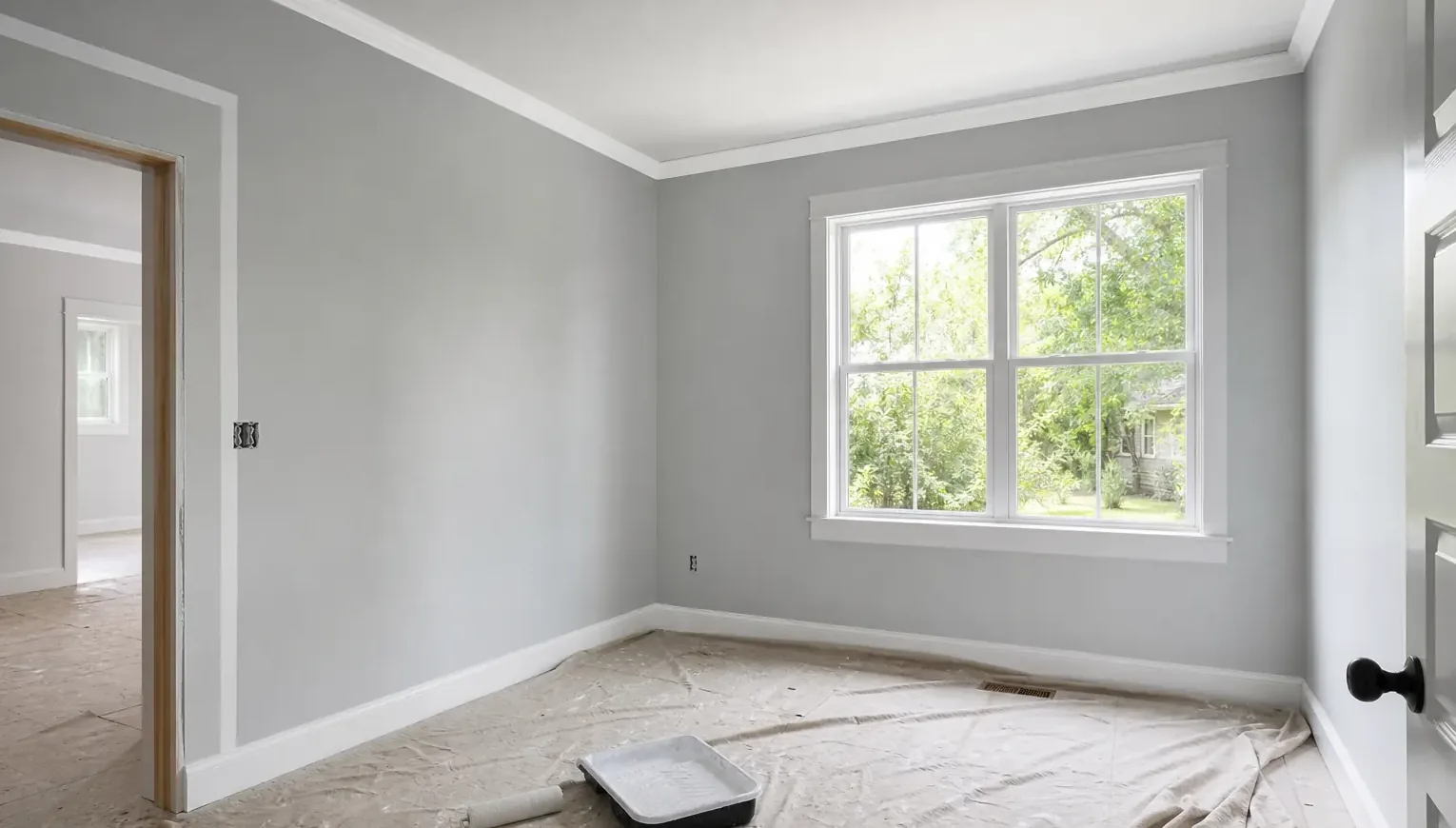 Freshly painted gray bedroom in Noblesville, IN with white trim and a roller tray on the drop cloth