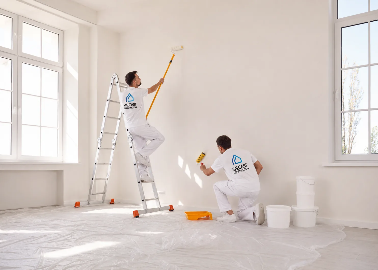 Two Valcast painters rolling a wall and ceiling in a bright Noblesville, IN room with drop cloths down