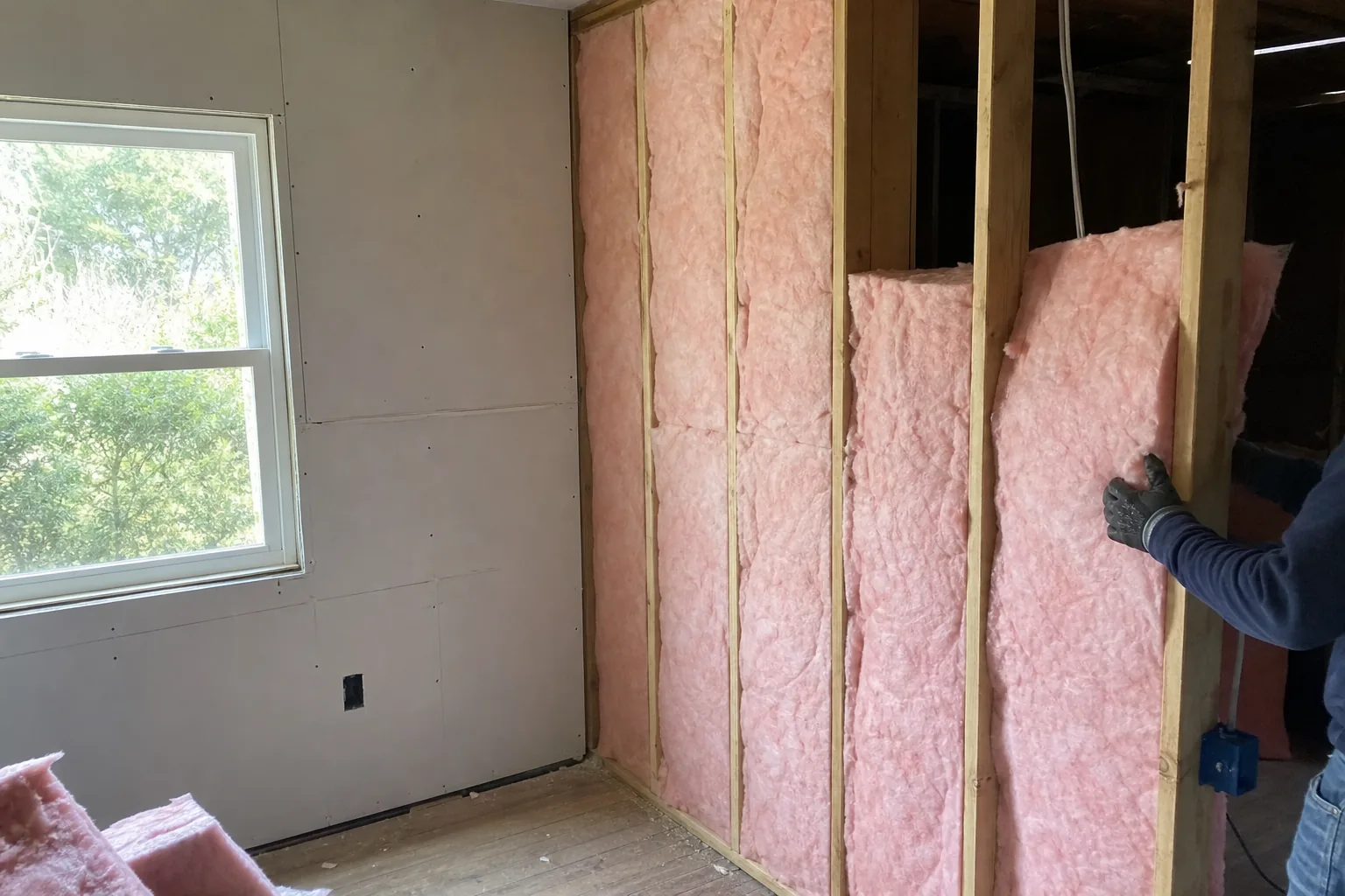 Batt insulation installed in open wall studs before new drywall goes up in a Noblesville, IN renovation