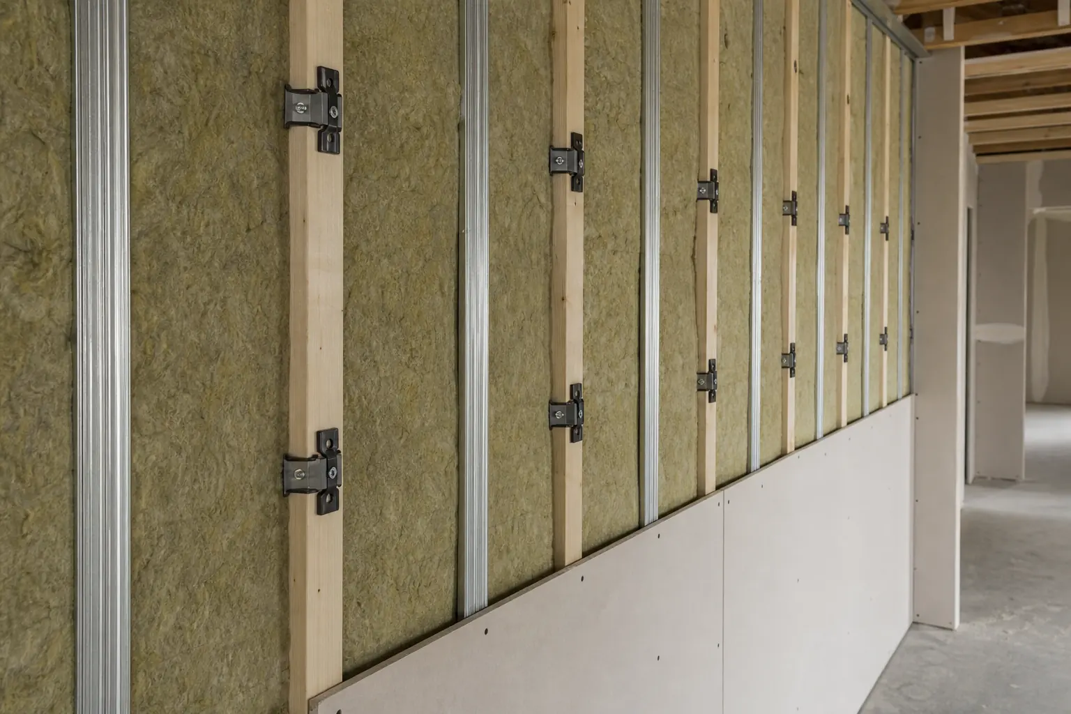Interior wall in a Noblesville, IN home being built up with sound isolation clips and acoustic insulation